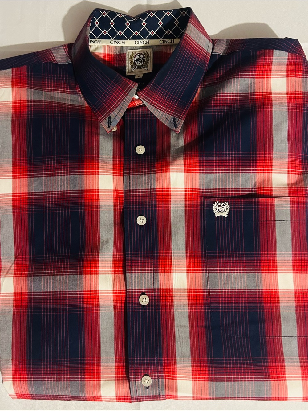 Cinch Red, Navy and White Plaid Button-Down Shirt